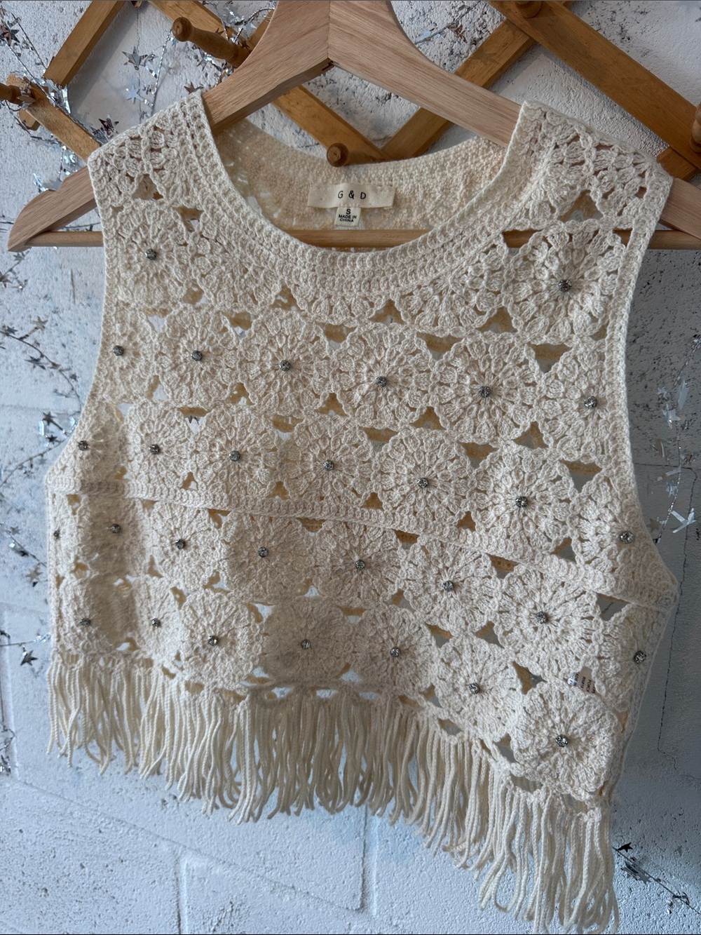 Boho Cream Crochet Fringe Sleeveless Top with rhinestones